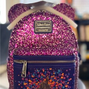 Loungefly Disney Fantasyland Castle Sequin Purple & Silver Mini Backpack and Ear